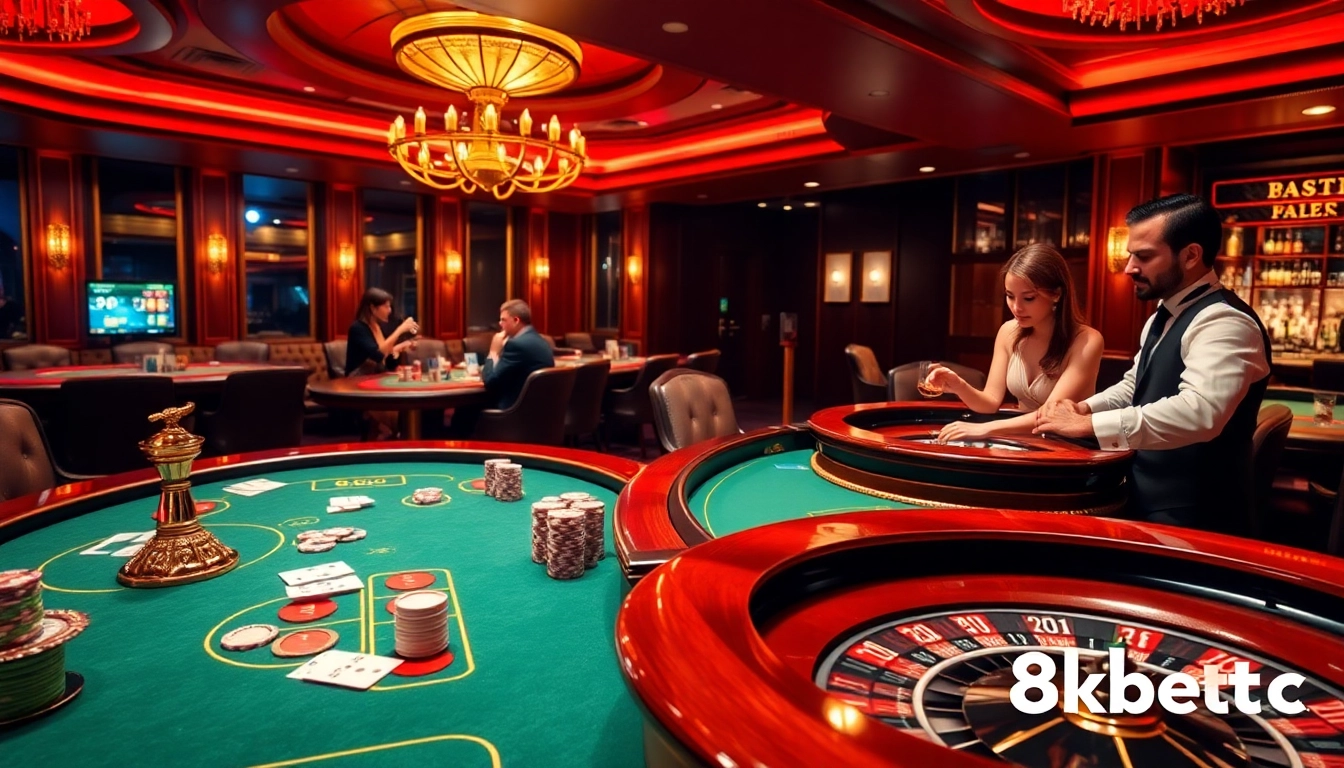 Experience high-stakes gambling at 8kbet cc with poker chips and vibrant casino tables.