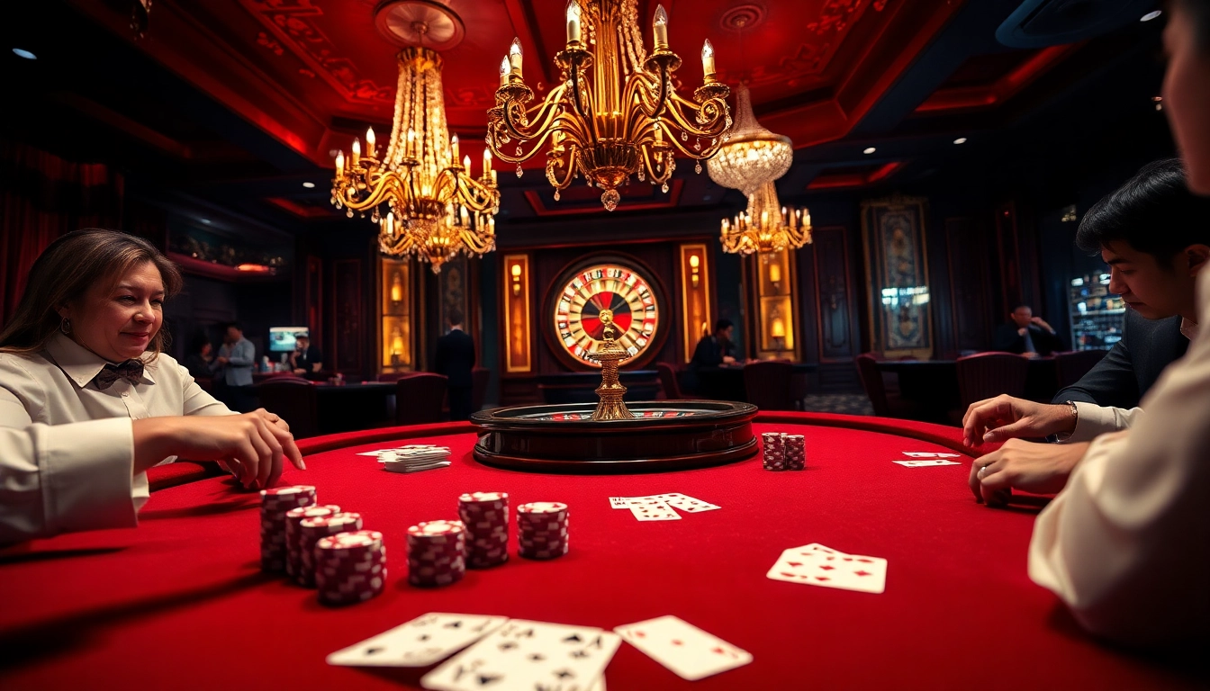 אווירת משחק פוקר בסכומי הימור גבוהים המציגה שחקנים סביב שולחן קזינו אלגנטי.