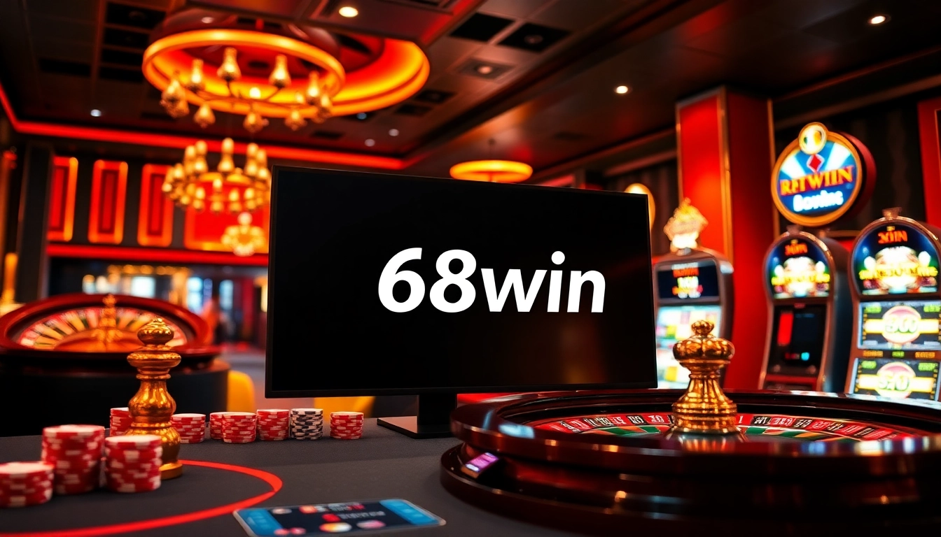 Engaging scene of rút tiền 68win, showcasing a luxurious casino interface with roulette wheel and poker chips.