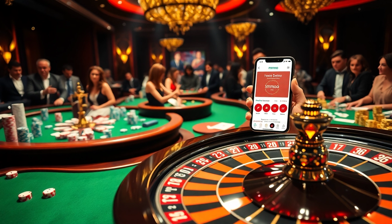 Players engaging with the mmoo app at a luxurious casino table, showcasing poker chips and cards.