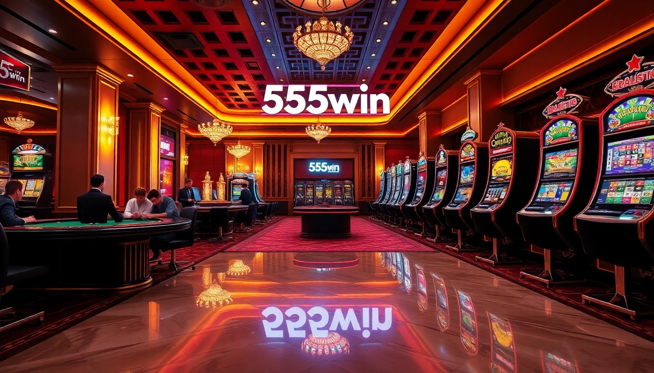 Players engaging at a luxurious poker table in a vibrant casino scene featuring 555win com.