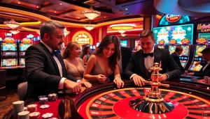 Thrilled players placing bets at ku bet's luxurious roulette table in a vibrant casino.