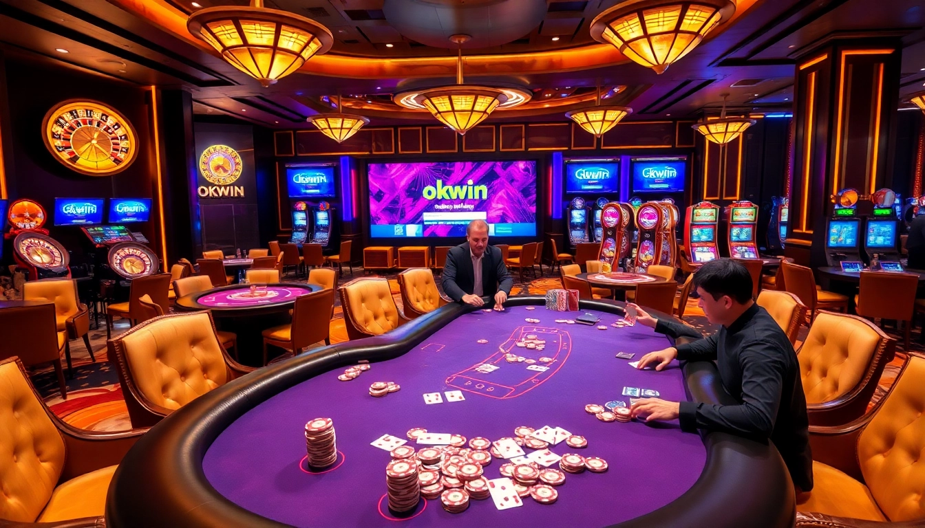Gambers engaging in poker at a luxurious casino, highlighting okwin đăng nhâp for online gaming access.