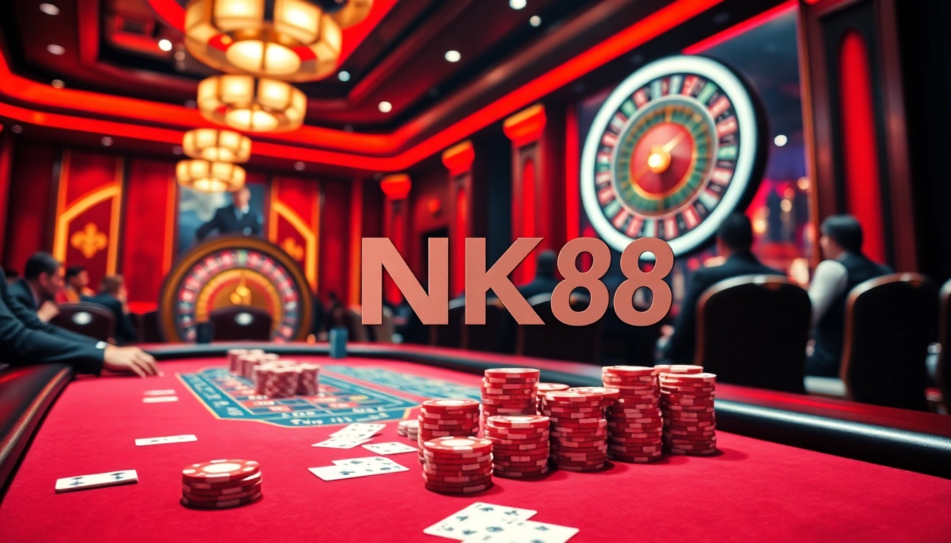 Players enjoying lively poker games at the NK88 casino with colorful chips and cards.