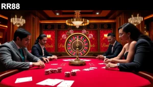 Players betting at a luxurious RR88 poker table, showcasing excitement and elegance.