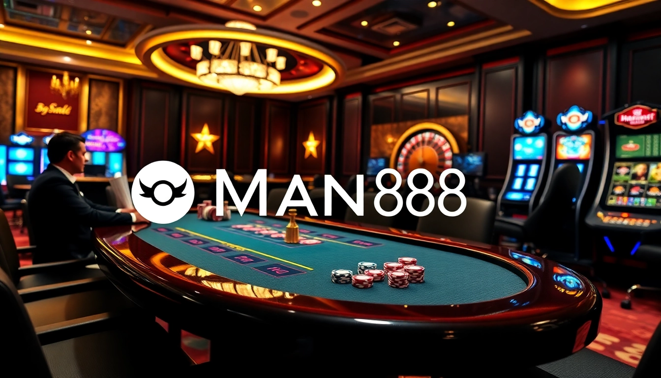 Man88 casino scene showcasing vibrant poker and roulette tables with a luxurious ambiance.