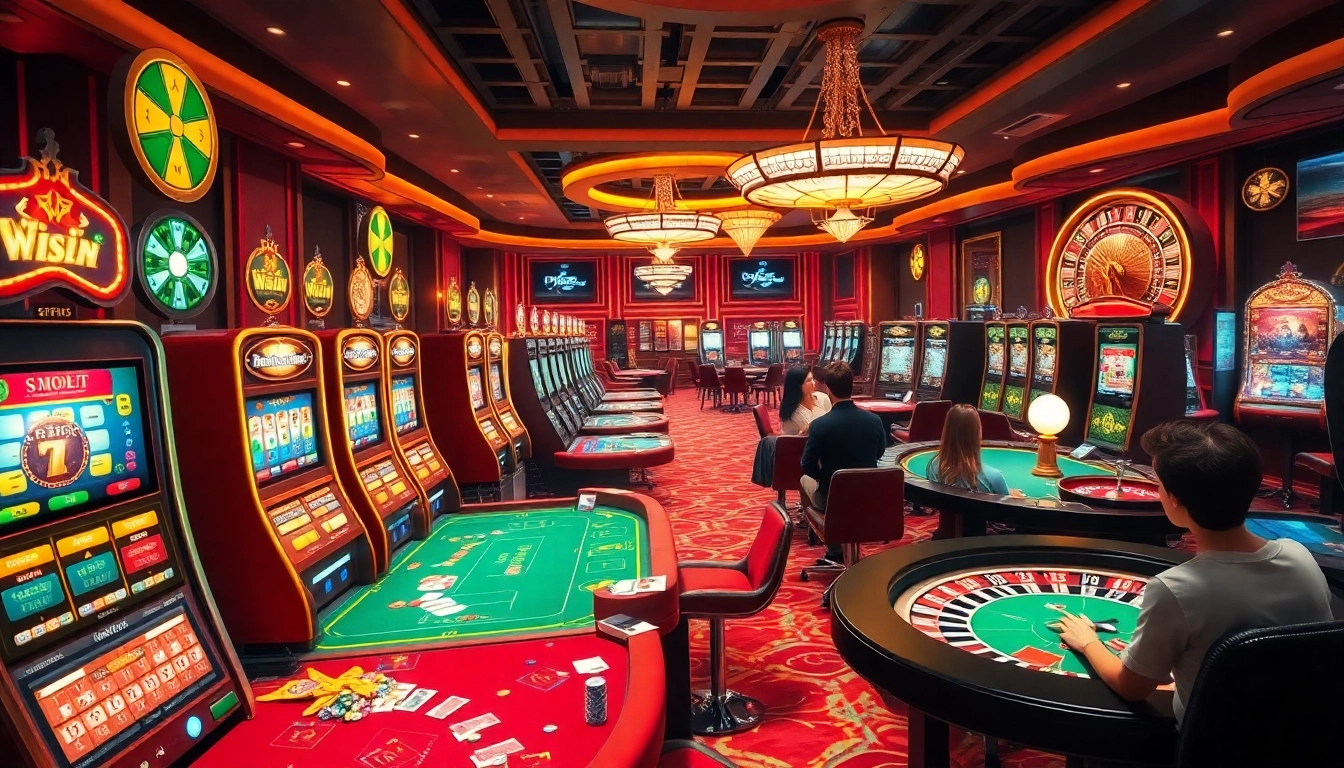 Players enjoying various casino games at 555win, with vibrant slot machines and poker tables.