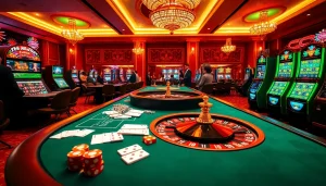 Experience the thrill of Game bài bom tấn with vibrant casino visuals featuring tables, cards, and exciting gameplay.