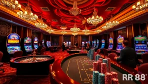 Experience the thrill of RR88 at a luxurious casino with vibrant slot machines and poker tables.