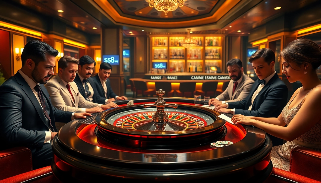 Engaging gamblers at a roulette table in a luxury casino featuring s8 betting interfaces.