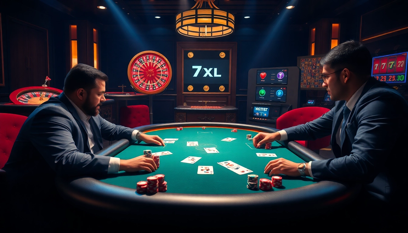 Players strategizing at a lively 7xl poker table, highlighting the excitement of online gambling.
