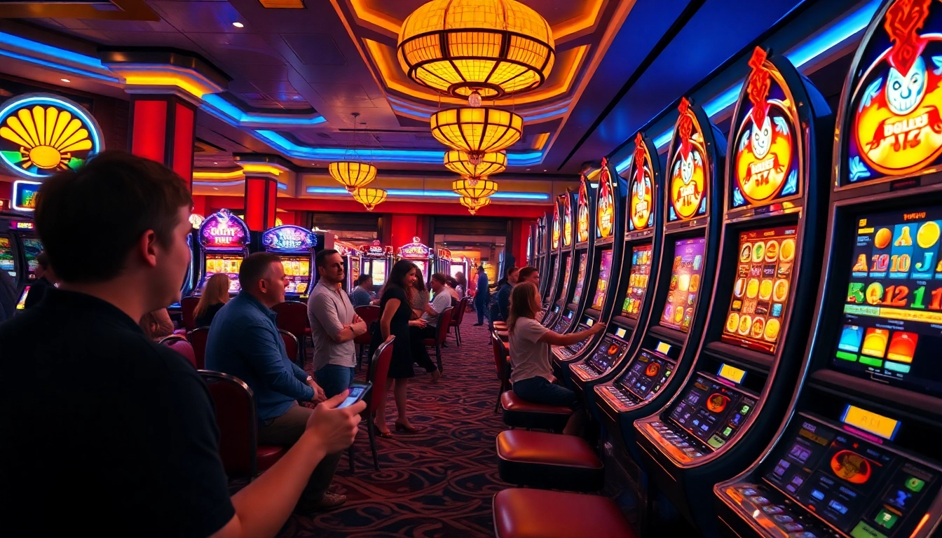Experience the thrill of idnslot with colorful slot machines and excited players in a luxurious casino.