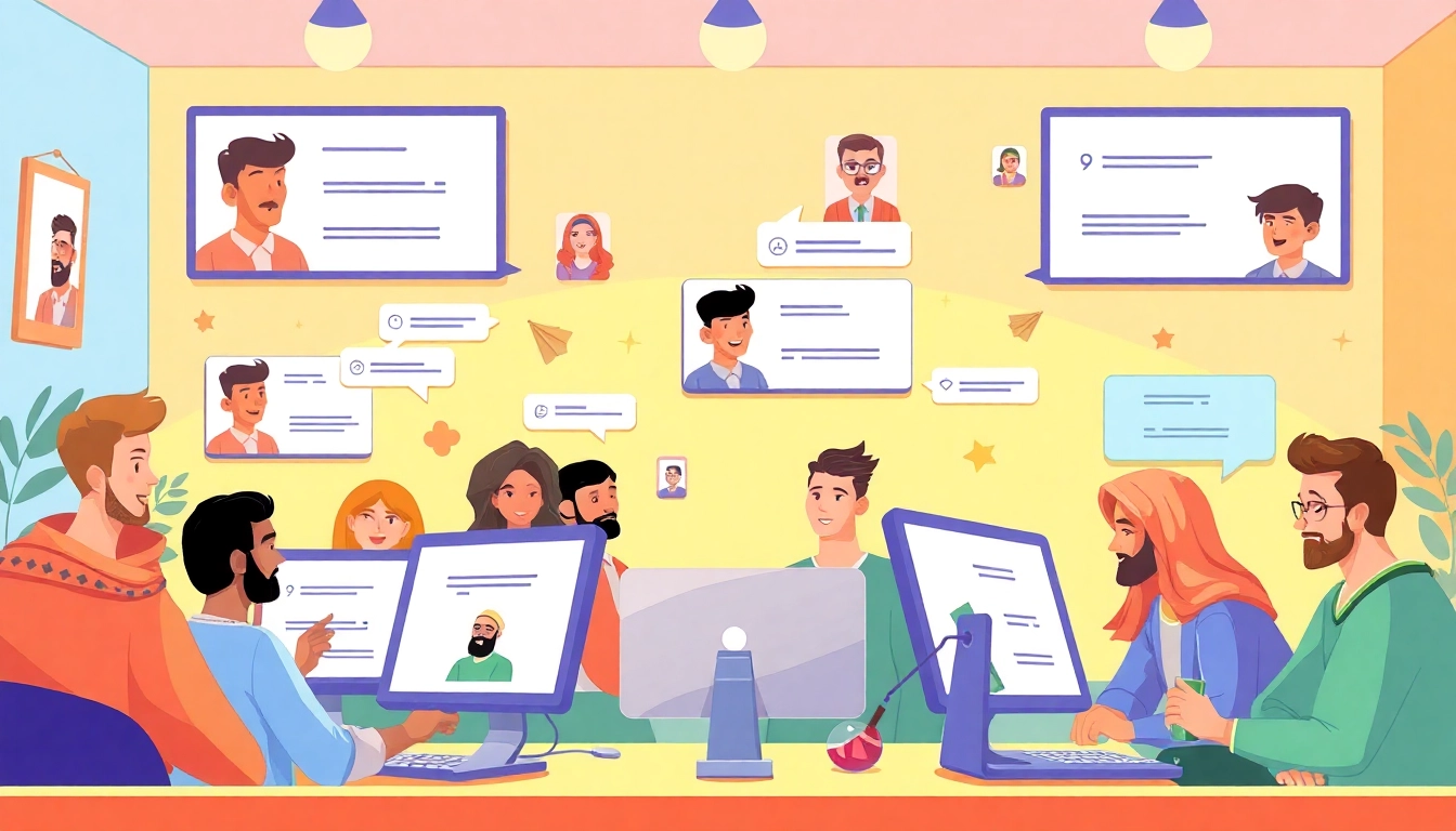 مشهد تفاعلي لشات عربي يضم أفراداً متنوعين في غرفة دردشة عربية، يعرض محادثات ودية عبر الإنترنت.