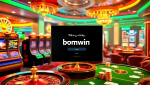 Experience the excitement of Đăng nhập bomwin at a vibrant online casino setup with slot machines and poker tables.