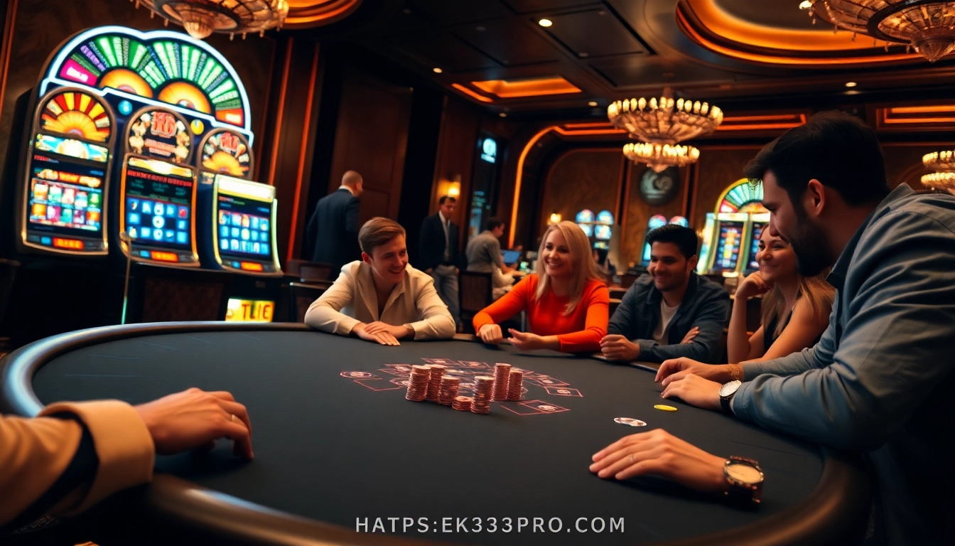 Engage in thrilling poker action at EK333, with vibrant casino visuals and gaming excitement.