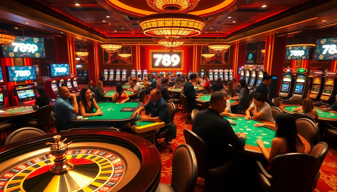 Gamblers enjoy the vibrant atmosphere of a luxurious casino at 789p, highlighted by roulette tables and slot machines.