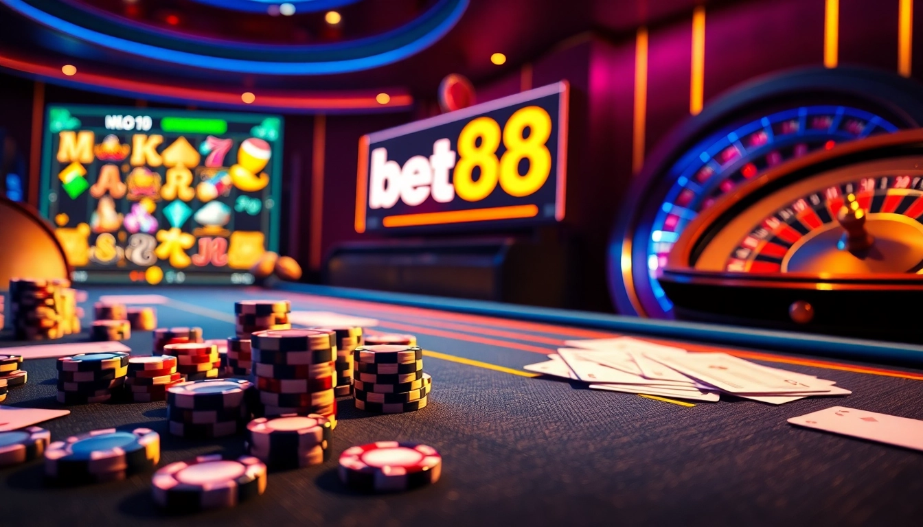 Experience the thrill of game bet88 at a luxury casino table with vibrant graphics and ambiance.