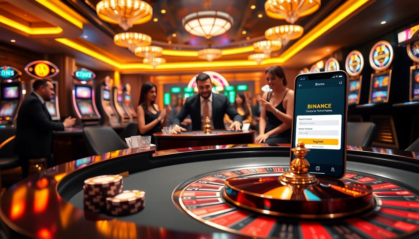Excited players engaging in a casino scene while exploring 바이낸스 회원가입 on a mobile device.