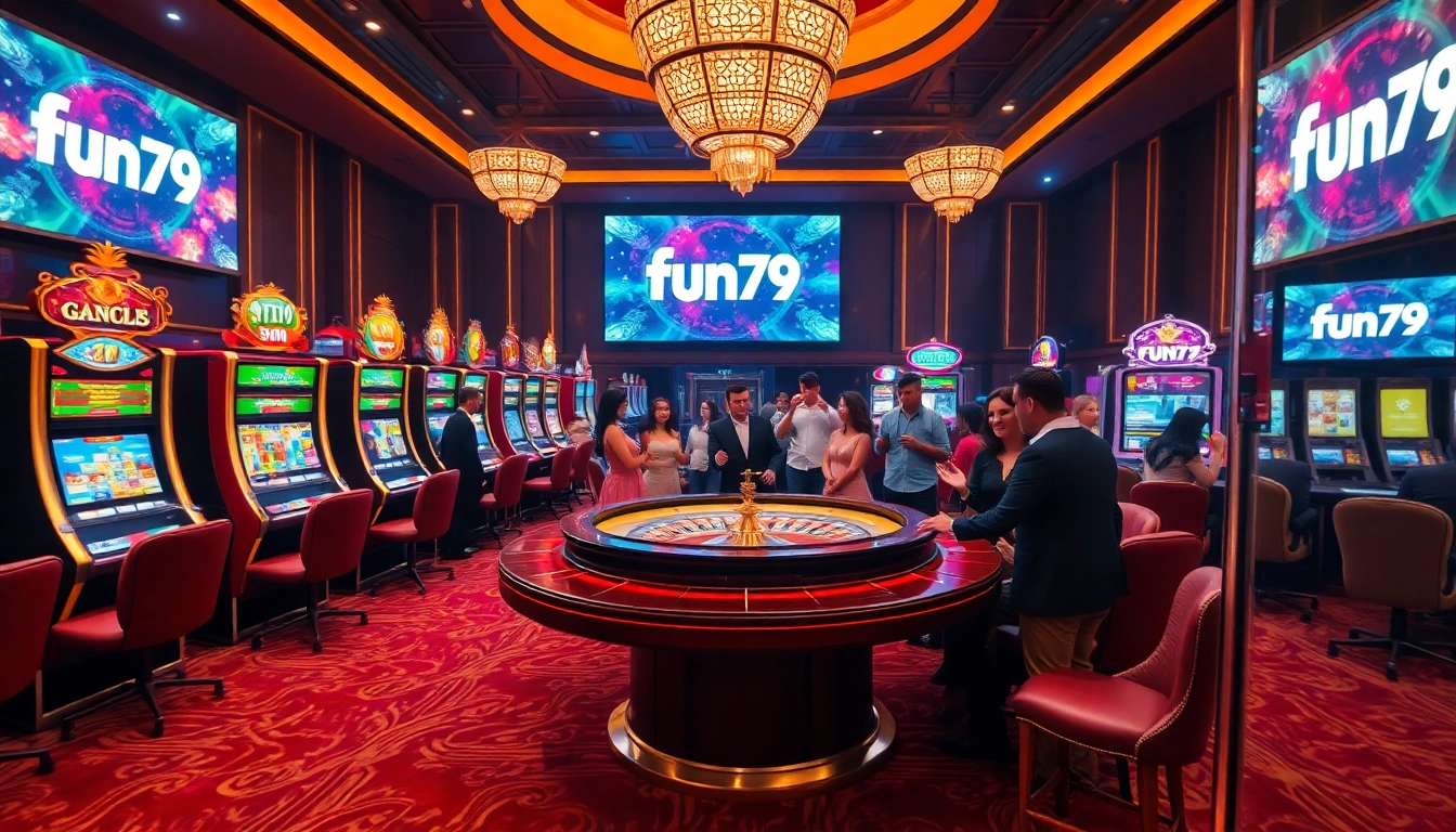 Players enjoying luxurious slot machines and roulette, showcasing fun79's engrossing casino experience.