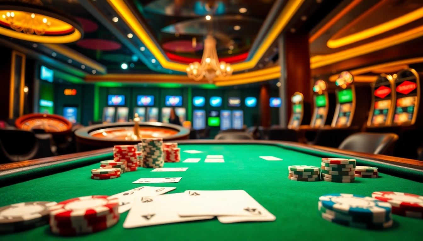 Exciting casino scene showcasing poker gameplay with ee88e chips and cards surrounded by roulette and slots.