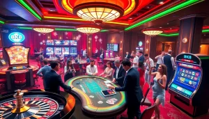 Experience the excitement of BK8 casino with players engaging at roulette and poker tables.