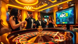 Experience the excitement of ABC8 with interactive poker and roulette tables in a luxurious casino setting.