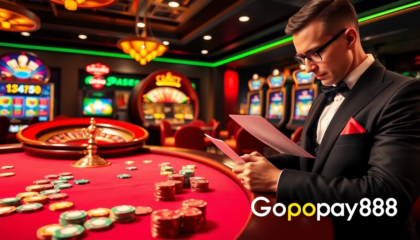 Experience thrilling gaming at Gopay88 with a vibrant casino scene, poker chips, and spinning roulette.