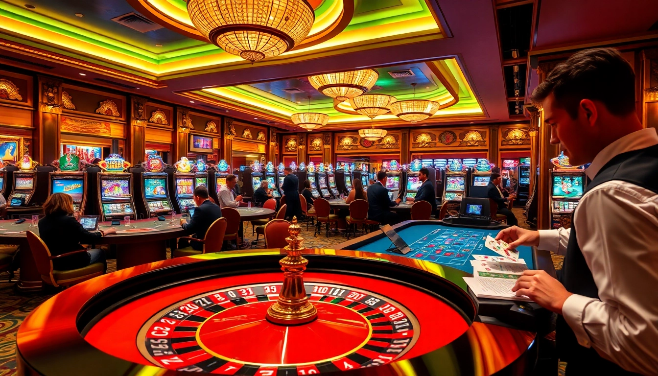 Players enjoying the thrilling game bet88 at an upscale casino, featuring vibrant tables and glowing slot machines.