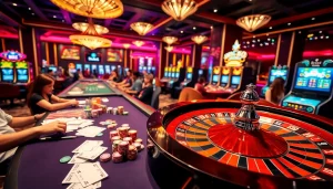 Engaging players at a vibrant bk8thai casino table with chips, cards, and roulette.