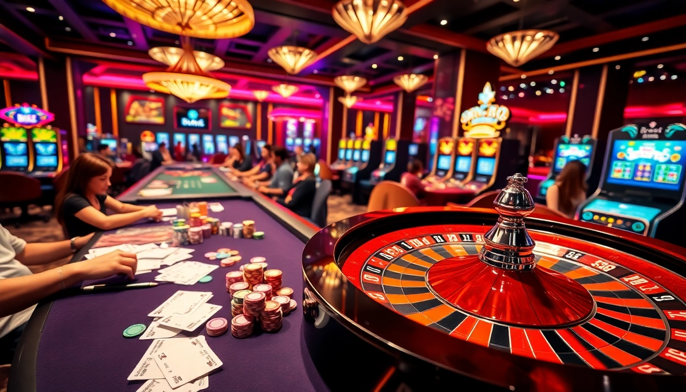 Engaging players at a vibrant bk8thai casino table with chips, cards, and roulette.