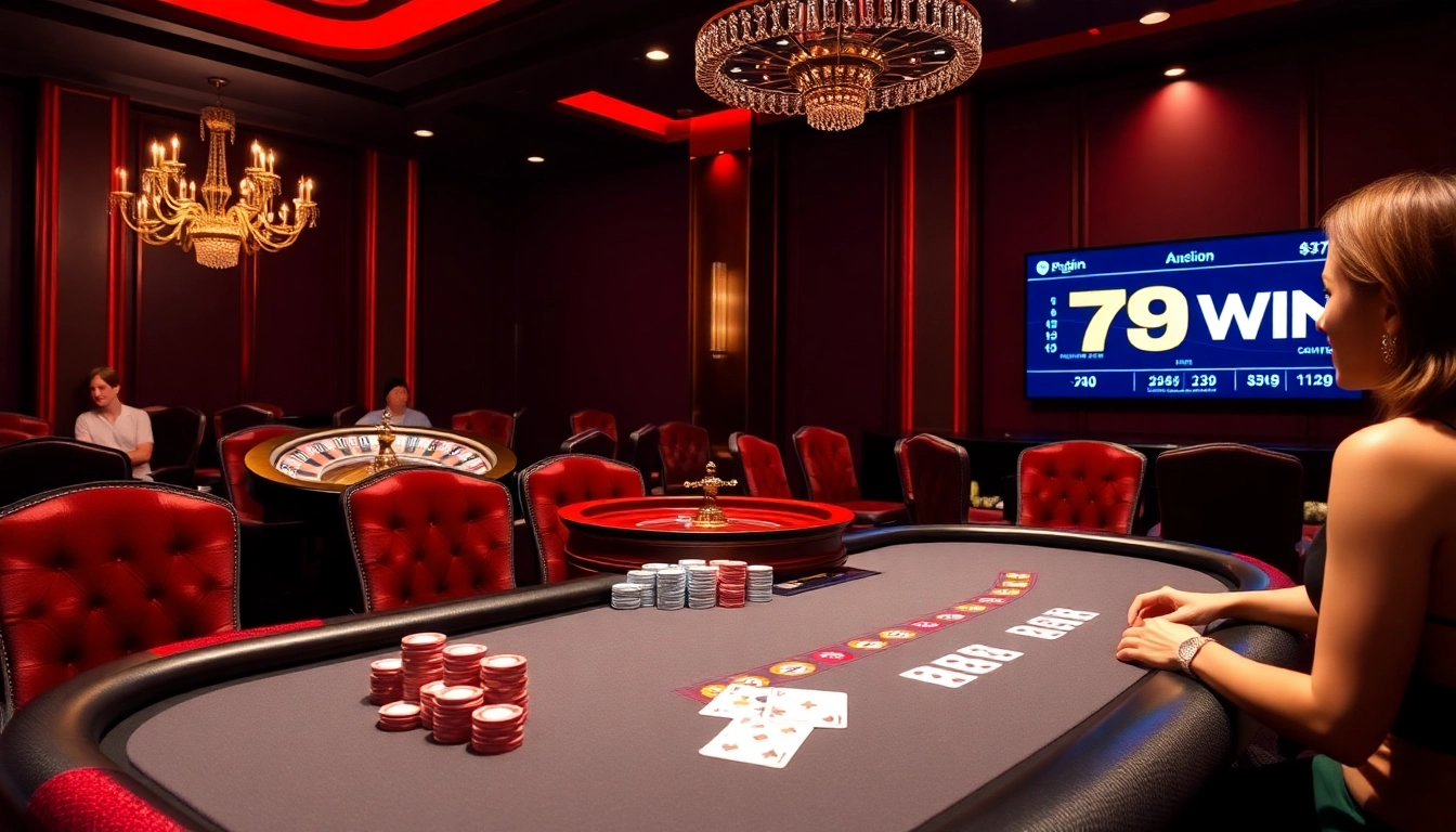 Experience the excitement of winning at 789win casino with a vibrant poker table and roulette wheel.