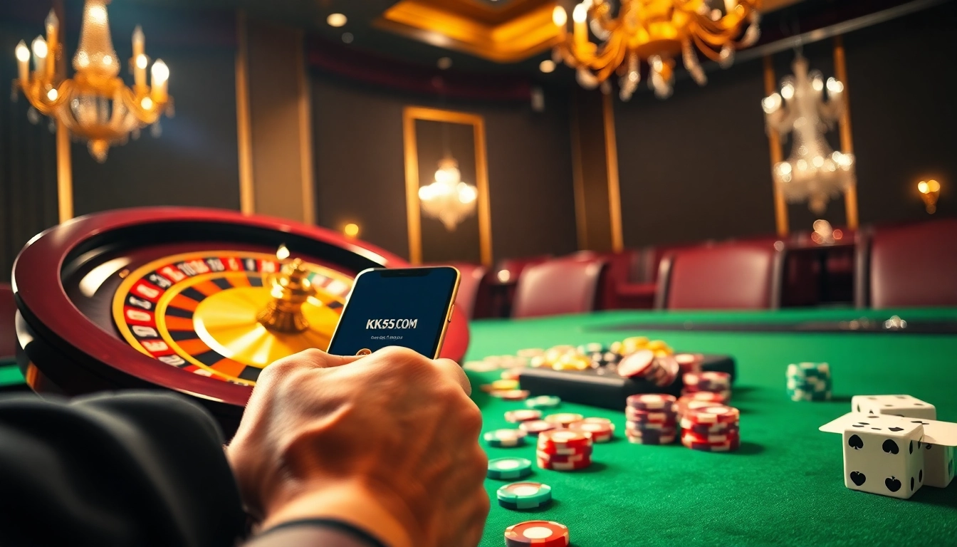 Experience the thrill of casino gaming at KK55.com with a vibrant roulette table scene.