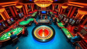 Nạp tiền king88 with enthusiastic gamblers at a luxurious casino surrounded by roulette and poker tables.