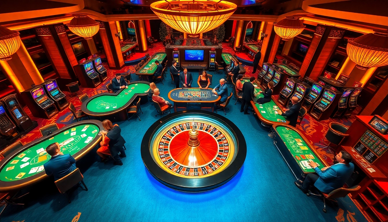 Nạp tiền king88 with enthusiastic gamblers at a luxurious casino surrounded by roulette and poker tables.