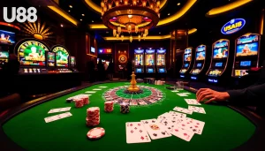 Engaging U888 casino scene with poker chips, colorful cards, and a vibrant roulette wheel.