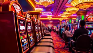 Players enjoying casino experiences at bro138, surrounded by luxurious slot machines and excitement.