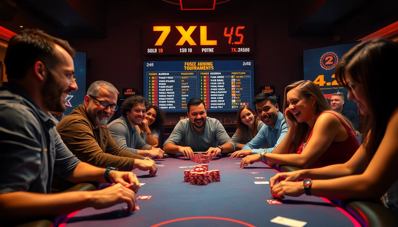 סצנת שולחן פוקר 7xl עם שחקנים מגוונים ואווירה תוססת
