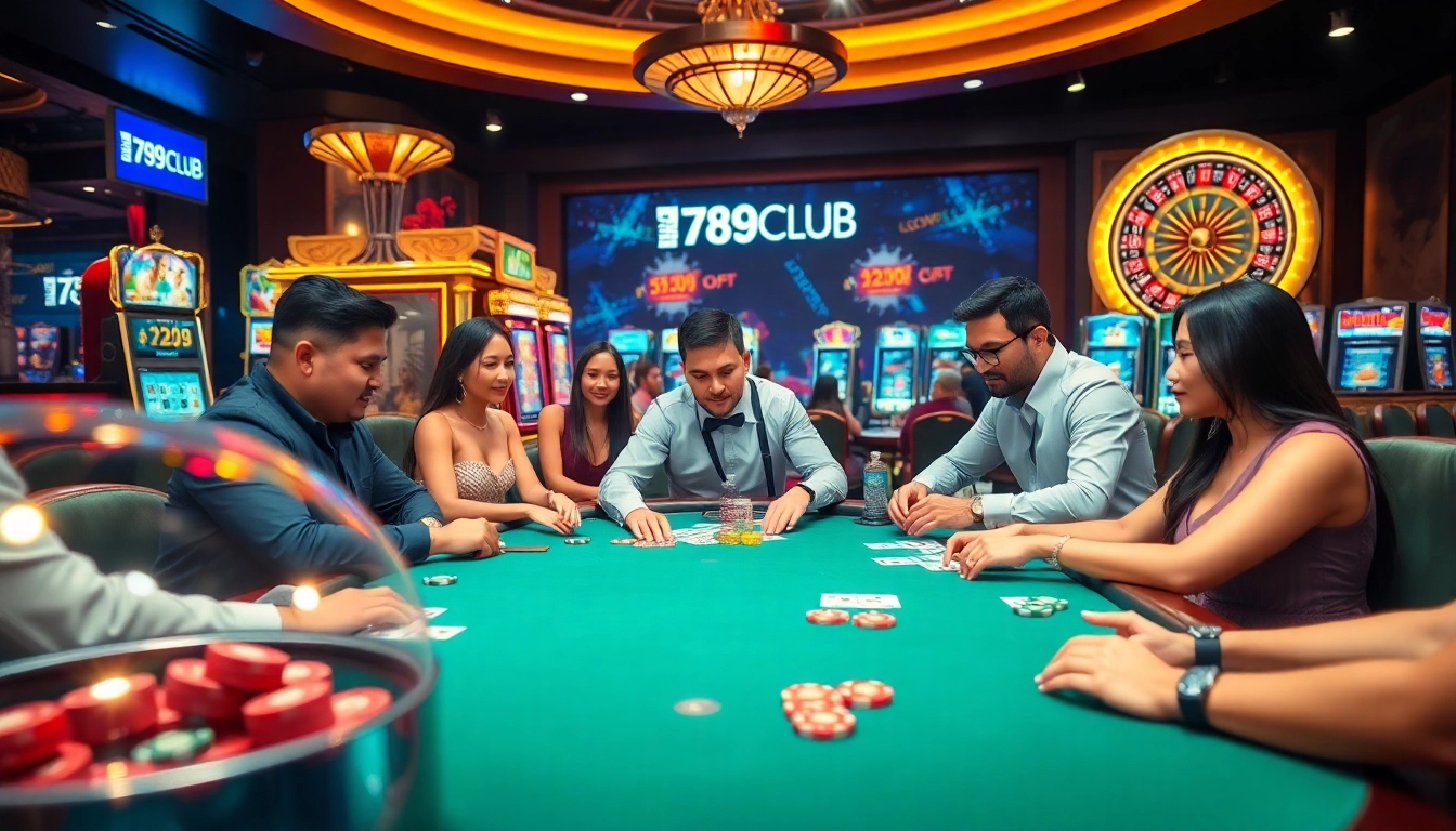 Players strategizing at 789CLUB poker table, showcasing high-stakes excitement in a vibrant casino.