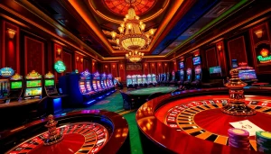 Experience the excitement of king33.io with vibrant casino elements like roulette wheels and poker chips.