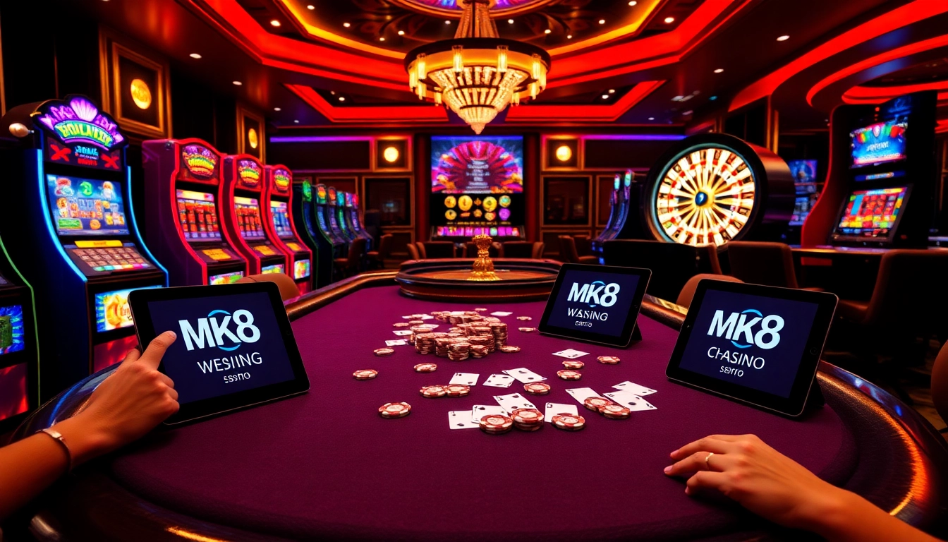 Engaging gamblers at the MK8 online casino with high-stakes poker and vibrant slot machines.