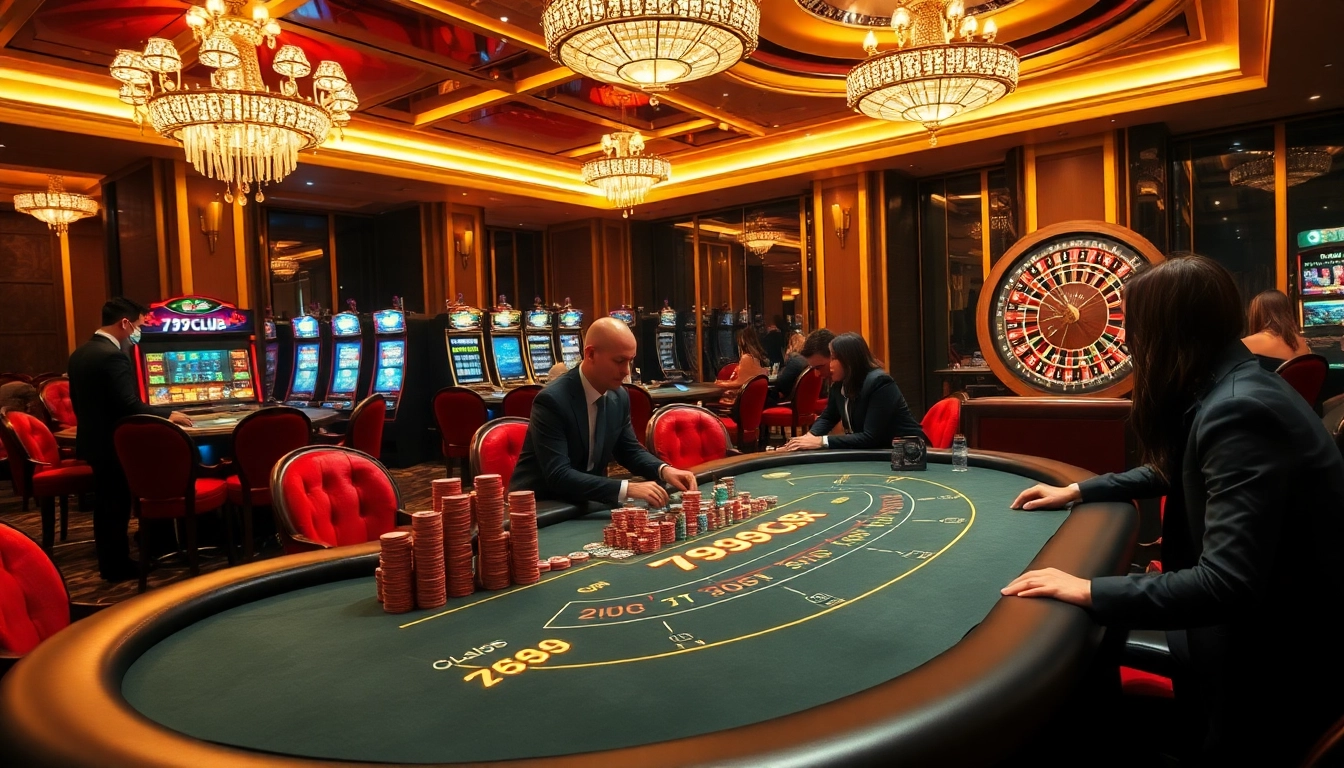 Experience the excitement of 789CLUB with players enjoying blackjack and slot machines in a luxury casino.