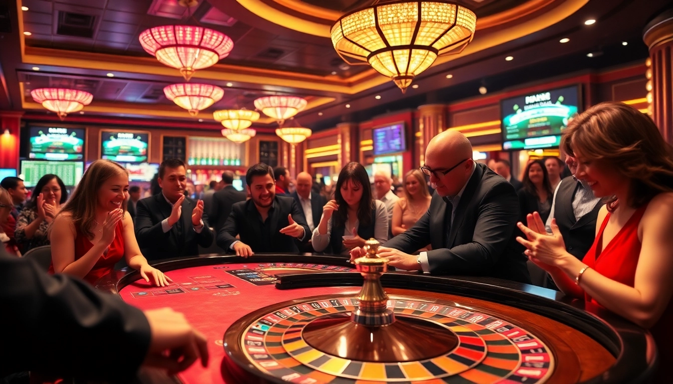Players celebrating wins at a roulette table while exploring link ok8386 in an exciting casino setting.