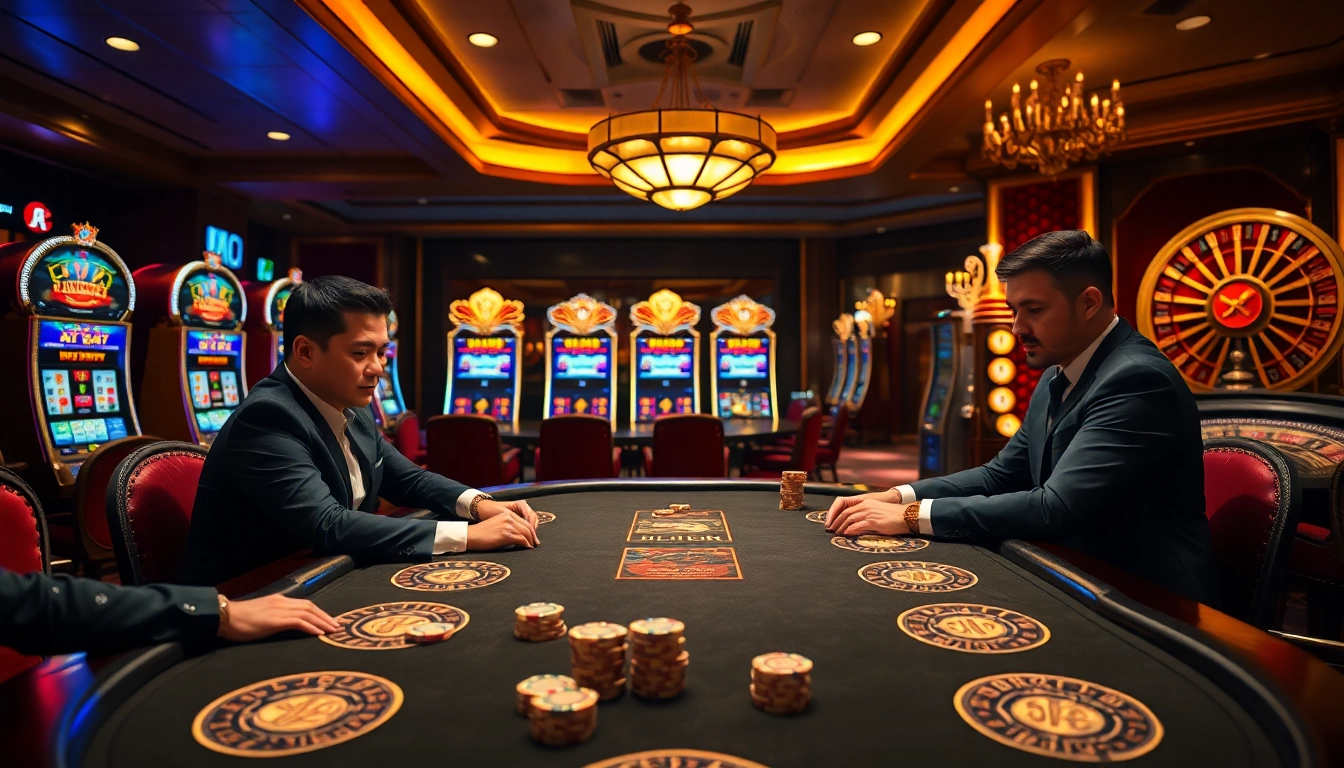 Players enjoying high-stakes poker at king333.club, with luxury casino elements and vibrant surroundings.