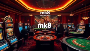 Players enjoying exciting games at https://mk8.ac/ with luxurious casino elements, including slots and roulette.