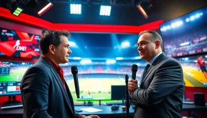 Dynamic broadcaster presenting live Sports Broadcasting with multiple screens in vibrant studio.