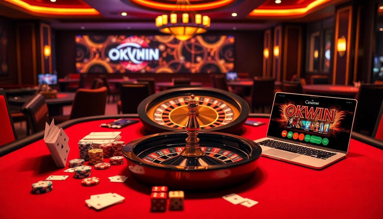 Players enjoy various games at an opulent casino featuring the OKWIN game interface.