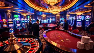 Players enjoying the thrill of MK8thai gaming at a vibrant casino lounge with roulette and blackjack tables.