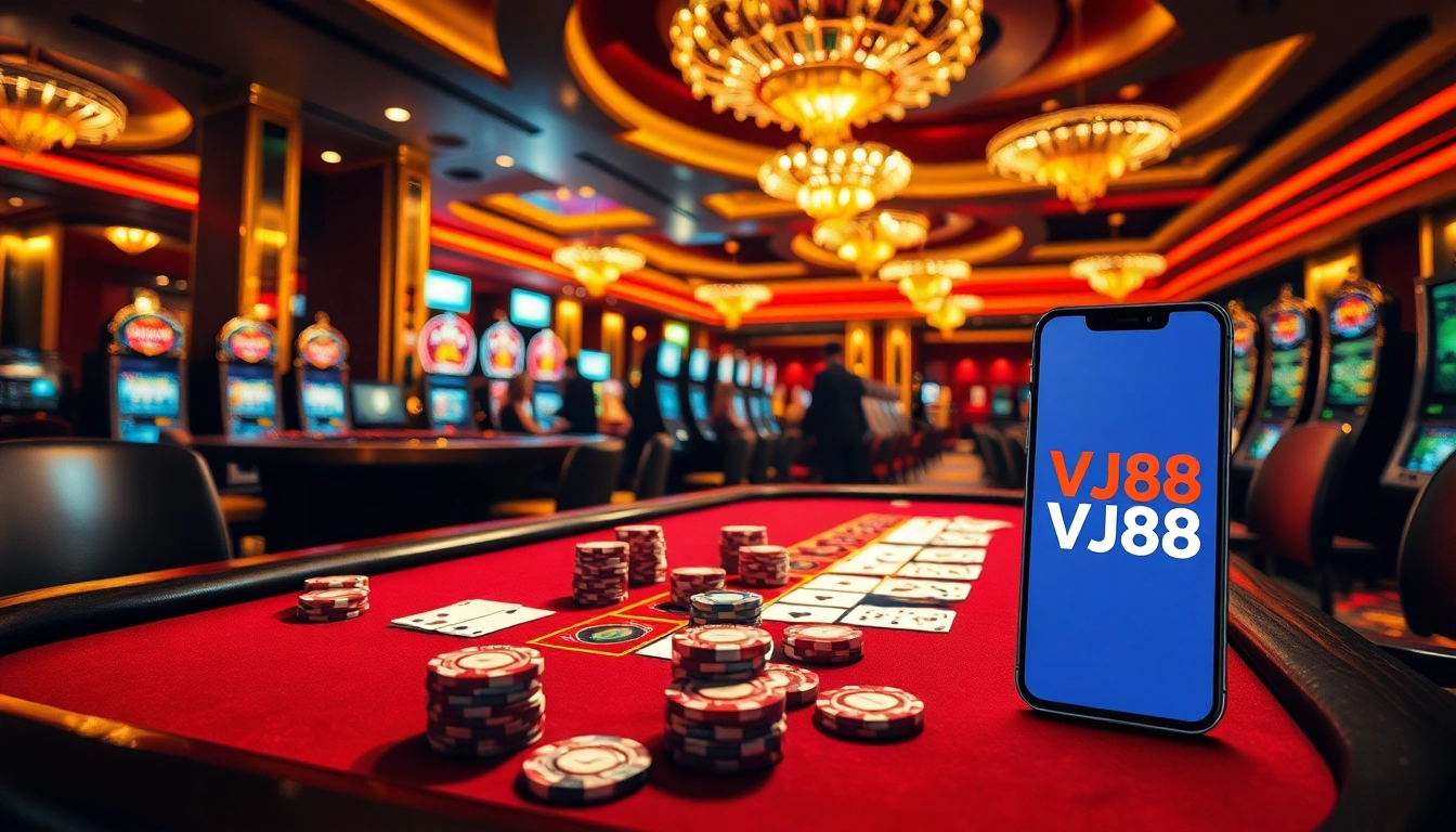 VJ88 casino scene showcasing poker, roulette, and vibrant slot machines in a luxurious setting.