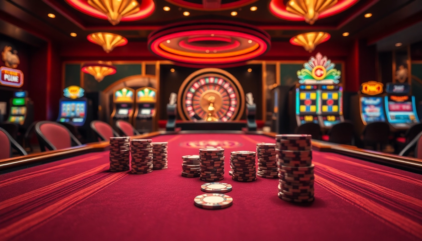 Players engaging in thrilling casino games at https://kubet77i.ink/ with vibrant slot machines and poker tables.