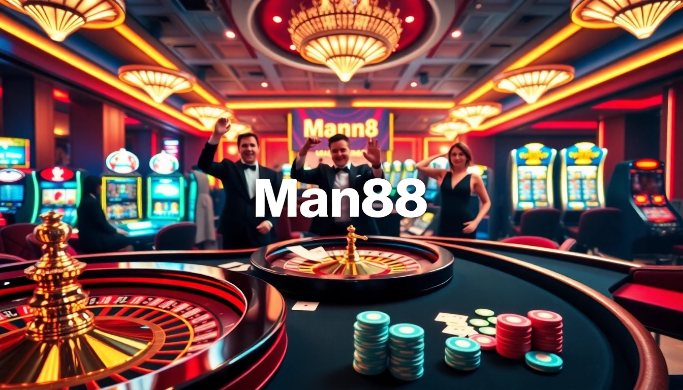 Man88 players enjoying a thrilling casino experience with vibrant tables and games.
